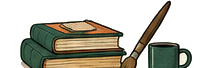 A stack of books, a paintbrush, and a mug