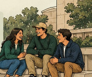 Illustration of three friends laughing on the steps outside the art center